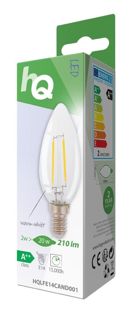 HQ HQLFE14CAND001 Led Retro Filament Pære E14 stearinlys 2 W 210 Lm 2700 K