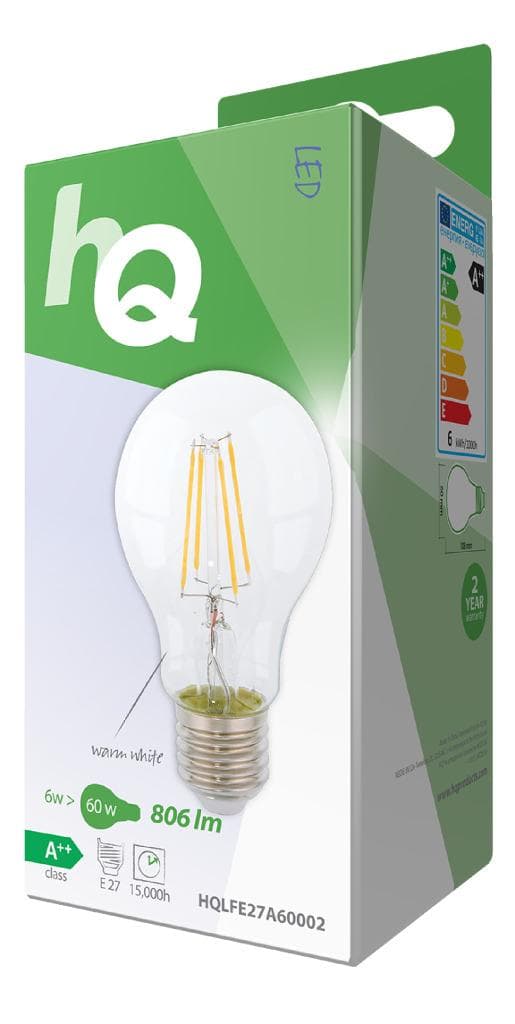 HQ HQLFE27A60002 Led Retro Filament Pære E27 A60 6W 806 Lm 2700K
