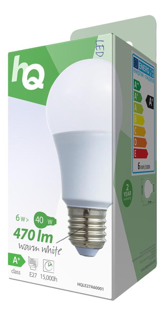 HQ Hqle27a60001 Ledlampa A60 E27 6,5 W 470 Lm 2 700 K