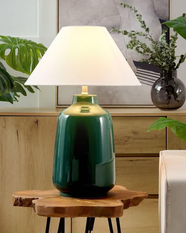 Bordlampe Mørkegrønn Keramikk Stoffskjerm Stemningsfull belysning Nattlampe Soverom Stue