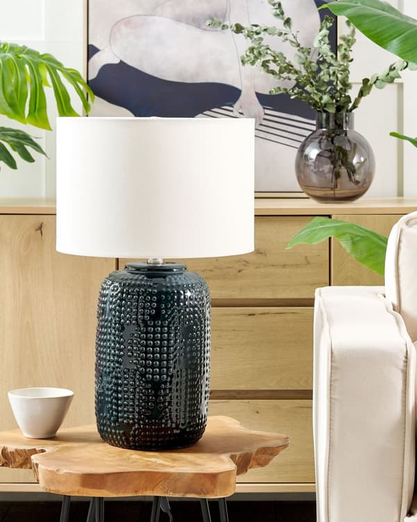 Bordlampe Mørkeblå Keramikk Stoffskjerm Stemningsfull belysning Nattlampe Soverom Stue