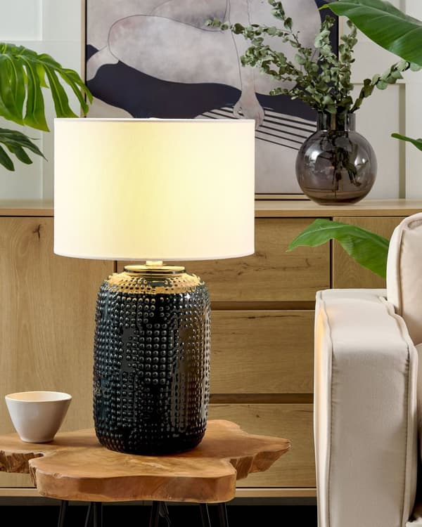 Bordlampe Mørkeblå Keramikk Stoffskjerm Stemningsfull belysning Nattlampe Soverom Stue
