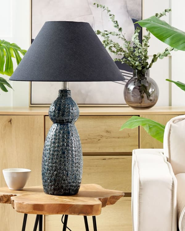 Bordlampe Mørkeblå Svart Keramikk Stoffskjerm Stemningsfull belysning Nattlampe Tilbehør Soverom Stue