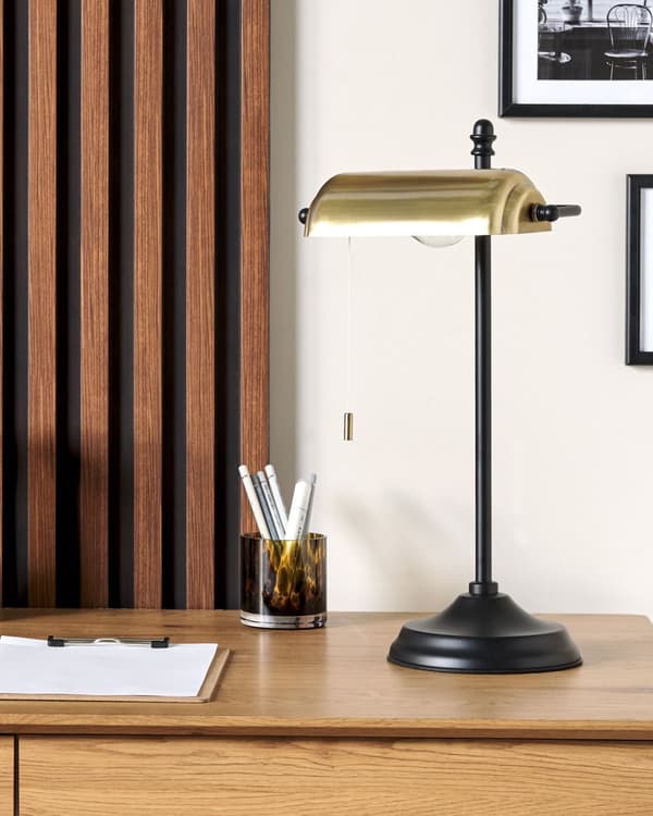 Skrivebordslampe Guld Sort Jern 52 cm Bordlampe med Justerbar Lampeskærm Retro Banklampe med Snoretræk til Kontor Tilbehør