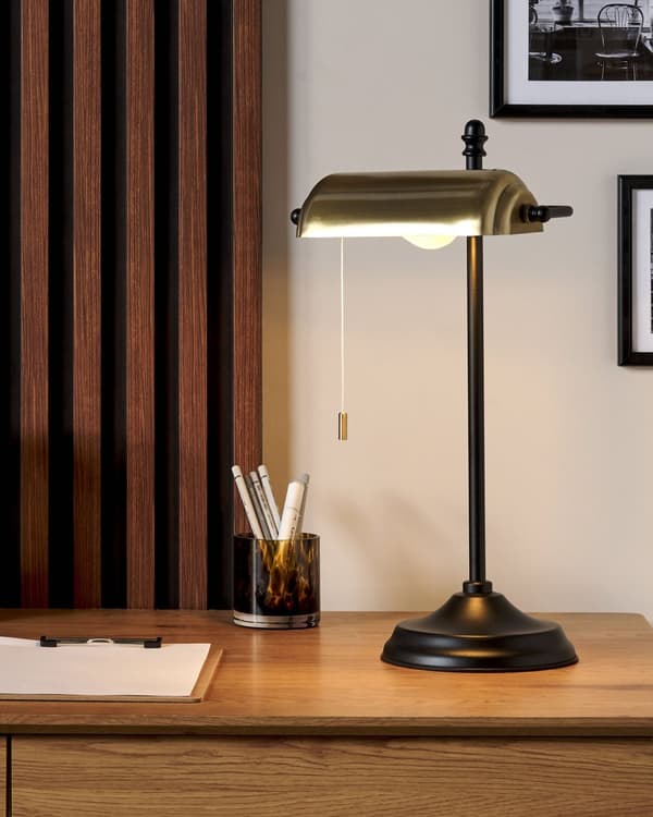 Skrivebordslampe Guld Sort Jern 52 cm Bordlampe med Justerbar Lampeskærm Retro Banklampe med Snoretræk til Kontor Tilbehør