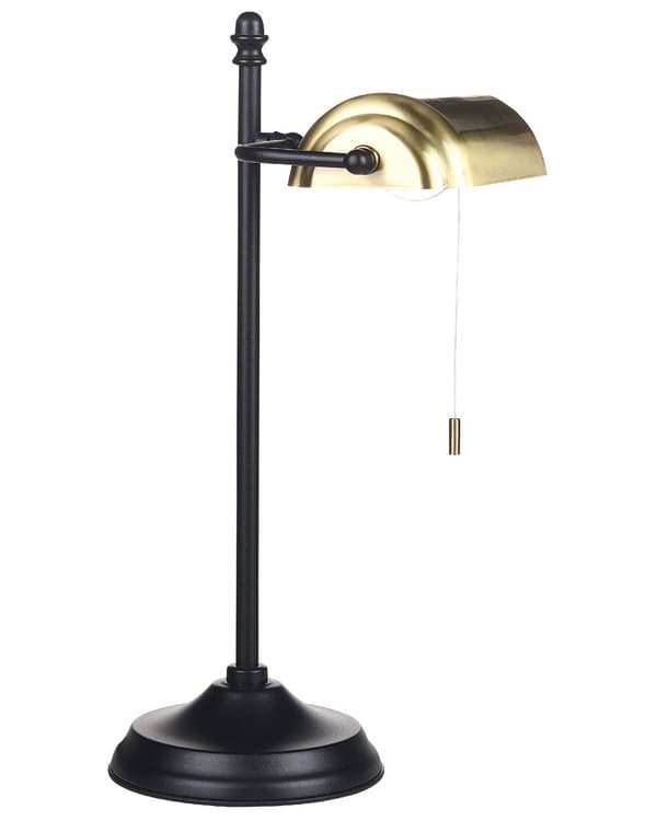 Skrivebordslampe Guld Sort Jern 52 cm Bordlampe med Justerbar Lampeskærm Retro Banklampe med Snoretræk til Kontor Tilbehør
