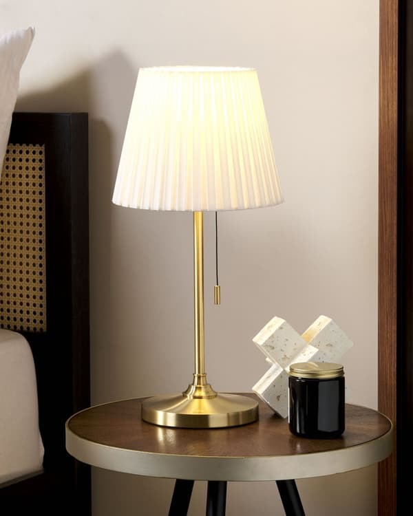 Bordlampe Messing Hvid Polyester Jern Skærm Lys Soveværelse Stue Retro Klassisk