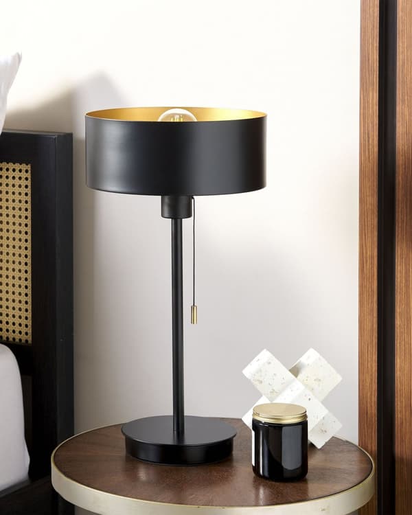 Bordlampe Sort Kegleskærm USB-port med Træk Kontakt Kontor Studie Moderne Stil