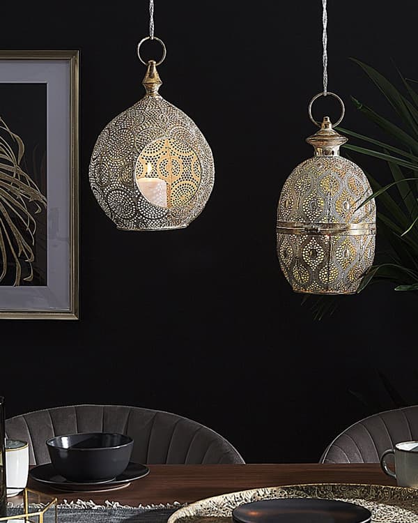 Lanterne Gull Metall 34 cm Med lysholder i glass Gjennombrutt design Orientalsk Boho