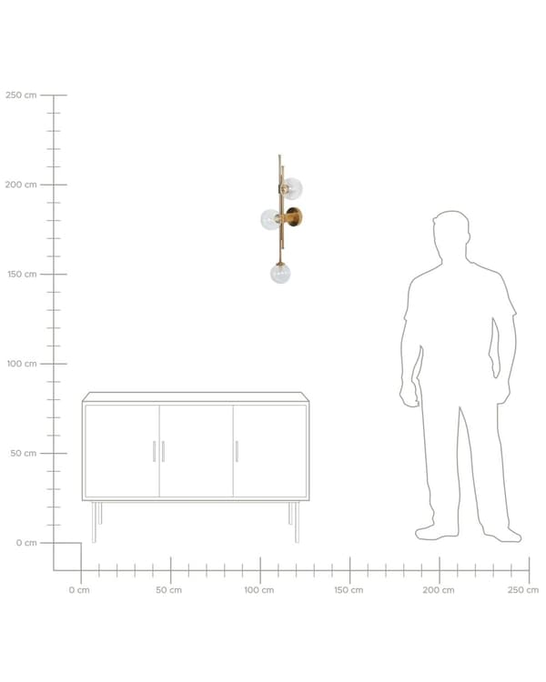 Seinävalaisin kulta 28 x 75 cm metalli lasi 3 polttimoa pallovarjostimet industriaalinen