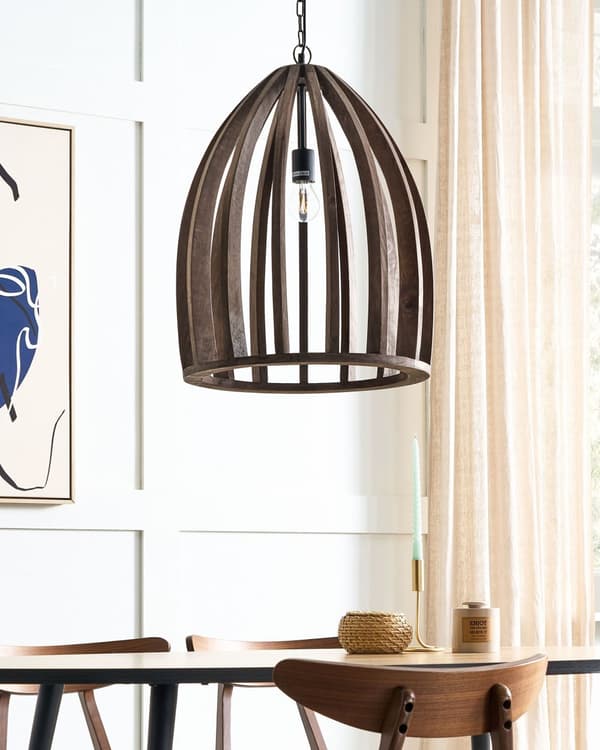 Pendel Lampe Mørk Mangotræ ø 45 cm Boho Trælampe Design Spisebordslampe til Køkken Trælampe med Bur Lampeskærm Hængelampe til Spisebord