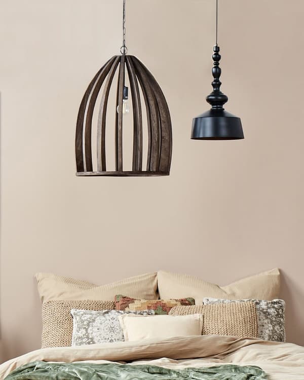 Pendel Lampe Mørk Mangotræ ø 45 cm Boho Trælampe Design Spisebordslampe til Køkken Trælampe med Bur Lampeskærm Hængelampe til Spisebord