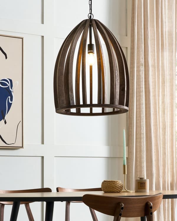 Pendel Lampe Mørk Mangotræ ø 45 cm Boho Trælampe Design Spisebordslampe til Køkken Trælampe med Bur Lampeskærm Hængelampe til Spisebord