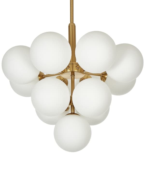 Hængelampe, messing metal, 100 cm, 13-pære, hvidt glasglober, glam-krystalkrone.