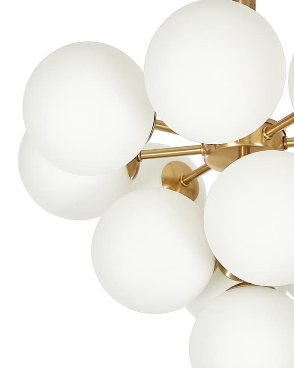 Hængelampe, messing metal, 100 cm, 13-pære, hvidt glasglober, glam-krystalkrone.