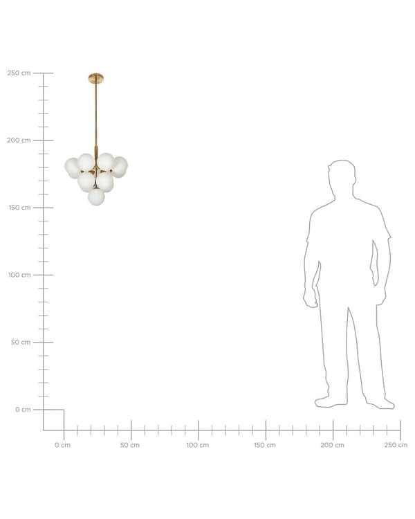Hængelampe, messing metal, 100 cm, 13-pære, hvidt glasglober, glam-krystalkrone.