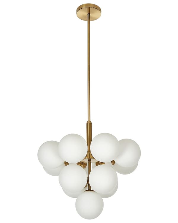 Hængelampe, messing metal, 100 cm, 13-pære, hvidt glasglober, glam-krystalkrone.