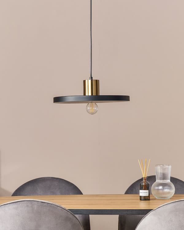 Pendellampe Sort Messing ø 38 Moderne Flad Spisebordslampe til Køkken Indretning Lampe til Spisebord med Synlig Pære