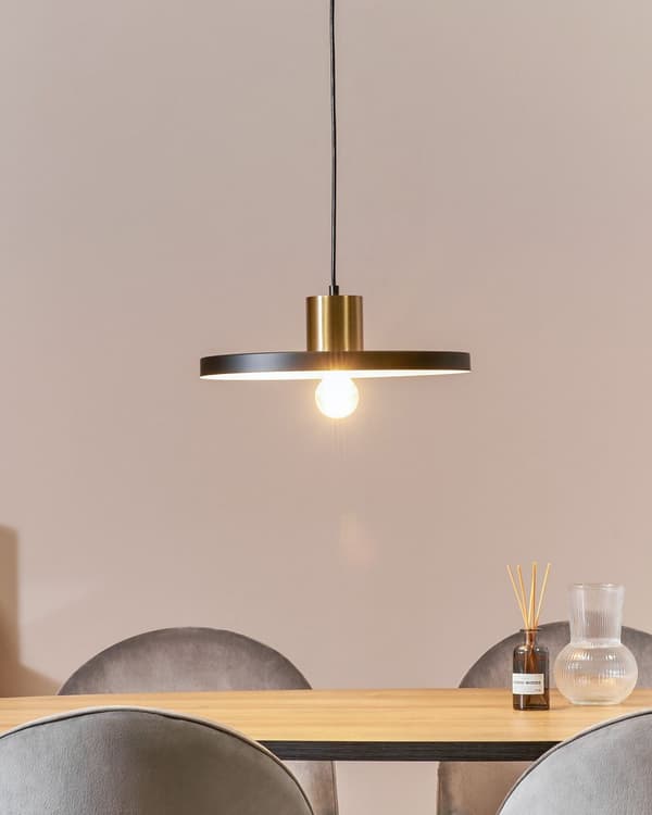 Pendellampe Sort Messing ø 38 Moderne Flad Spisebordslampe til Køkken Indretning Lampe til Spisebord med Synlig Pære