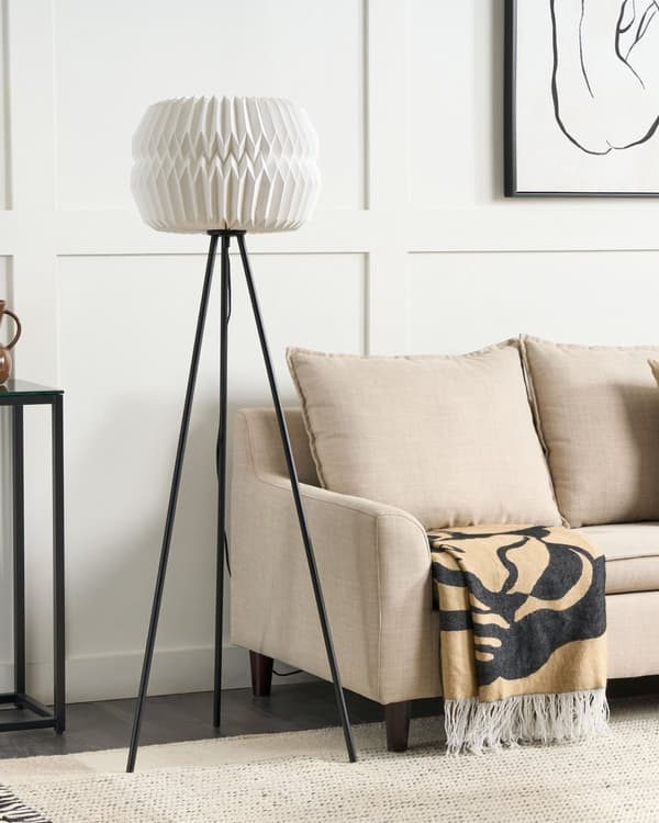 Gulvlampe Hvid Papirskærm Sorte Metalben Moderne Design Stående Lampe
