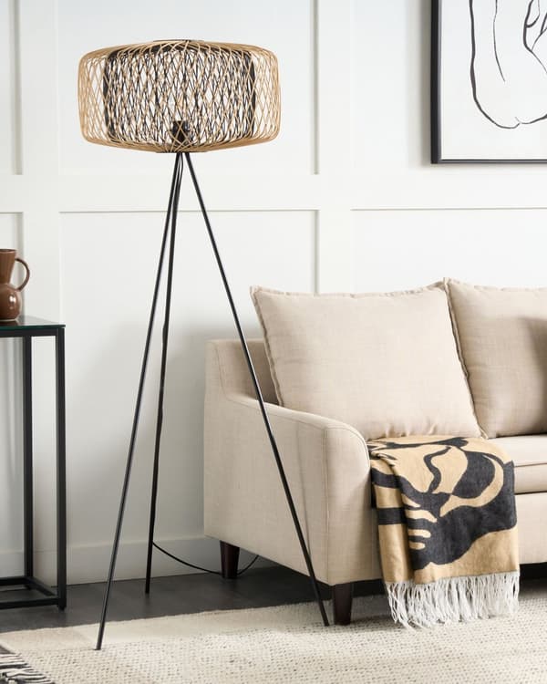 Gulvlampe Sort Bambus 145 cm Boho Standerlampe i Træ Design Tripod Lampe til Gulv Trebenet Belysning til Stuen