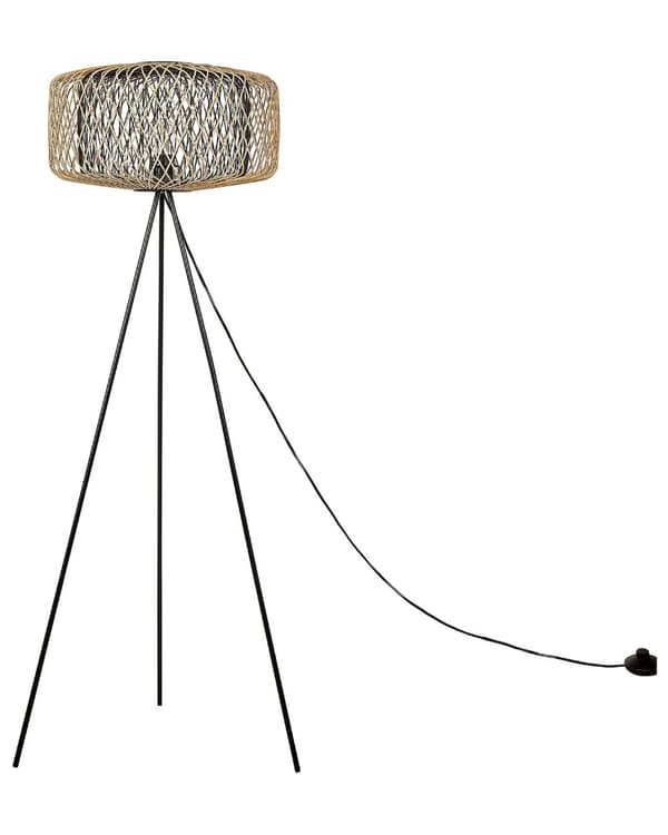 Gulvlampe Sort Bambus 145 cm Boho Standerlampe i Træ Design Tripod Lampe til Gulv Trebenet Belysning til Stuen