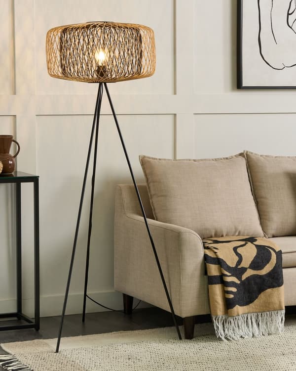 Gulvlampe Sort Bambus 145 cm Boho Standerlampe i Træ Design Tripod Lampe til Gulv Trebenet Belysning til Stuen