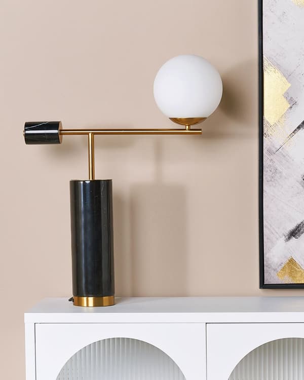 Bordlampe Svart Gull Marmor Glasskjerm Stue Soverom Moderne