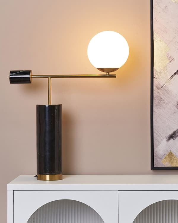 Bordlampe Svart Gull Marmor Glasskjerm Stue Soverom Moderne