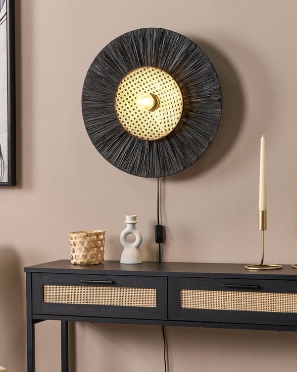Vägglampa Svart papper texturerad skärm Japandi Naturlig stil Accent Ljus