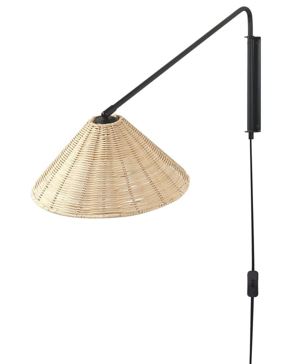 Væglampe Naturlig Rattan 33 cm Kegleformet Skærm Sengebord Lampe Soveværelse Stue Boho Rustik