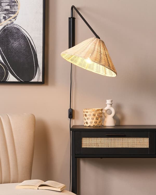 Væglampe Naturlig Rattan 33 cm Kegleformet Skærm Sengebord Lampe Soveværelse Stue Boho Rustik