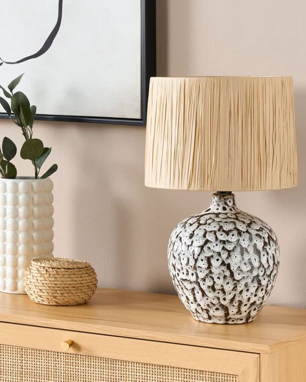 Bordlampe Sort og hvid keramik 45 cm Naturlig papirkegleskærm Sengekant Stue Soveværelse Belysning