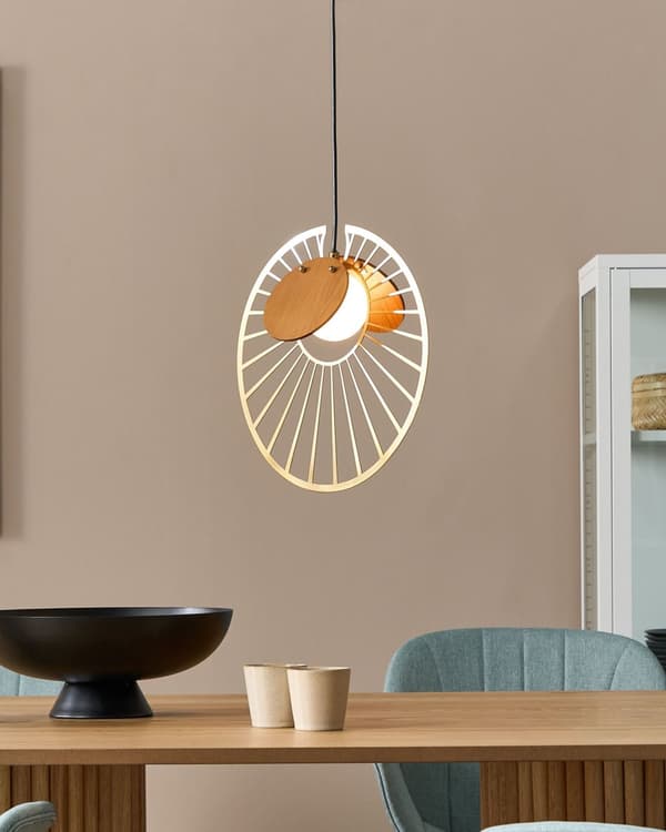 Pendel guld med lys træ metal jern MDF hængende lys glasskærm rund form moderne belysning stue spisestue soveværelse