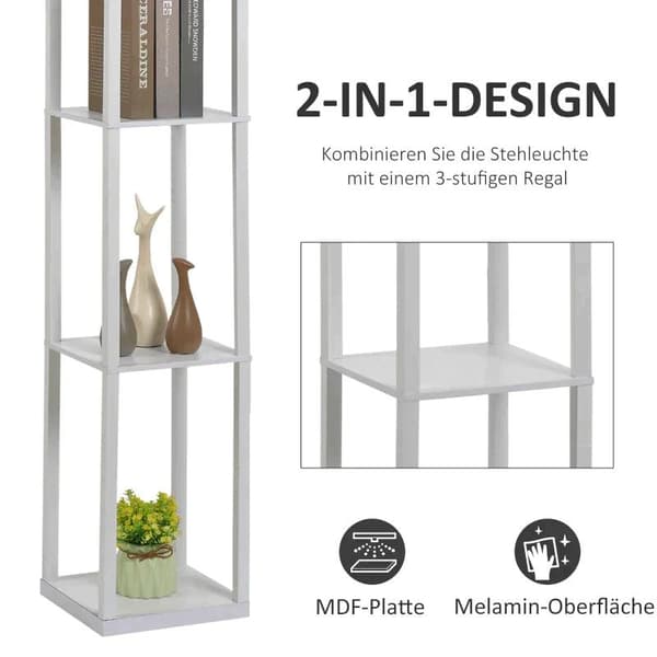Rootz Golvlampa - Ståhylla - 3 hyllor - Interiörbelysning - Vardagsrumslampa - Vit - 26 x 26 x 160 cm