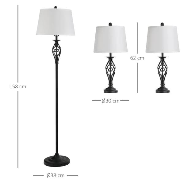 Rootz 3-delt lampesæt - 2 bordlamper - 1 gulvlampe - Stue - Soveværelse - Vintage - Sort+hvid