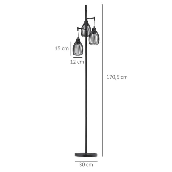 Rootz golvlampa - Industriell design med 3 lampskärmar - E27-lampor - Stål - Svart - 30 cm x 30 cm x 170,5 cm
