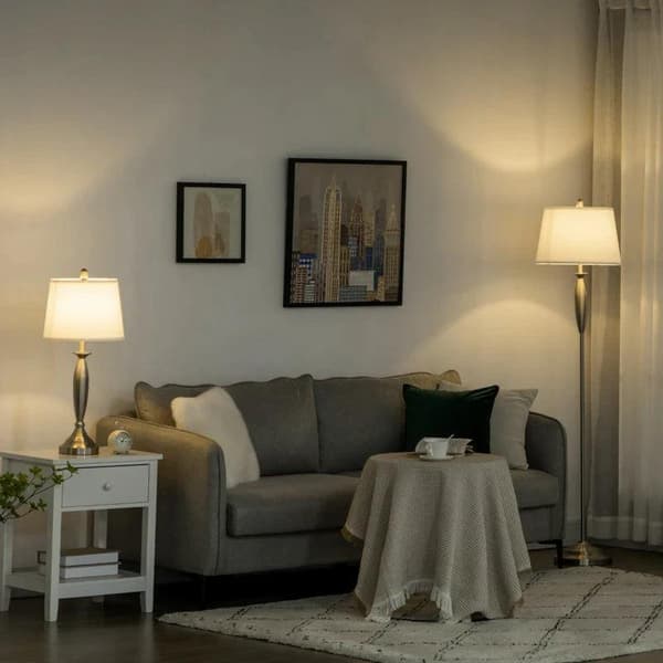 Rootz Golvlampa - Sänglampa - 3-delat ljusset - 1 golvlampa - 2 bordslampor - Linnelook - Silver/Vit - 38cm x 38cm x 158cm