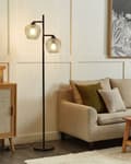 Miniatyrbilde 2 av 11: Gulvlampe Grå svart jernsokkel Røykfylte glasskjermer 2 lyspunkter Hjemmetilbehør Belysning