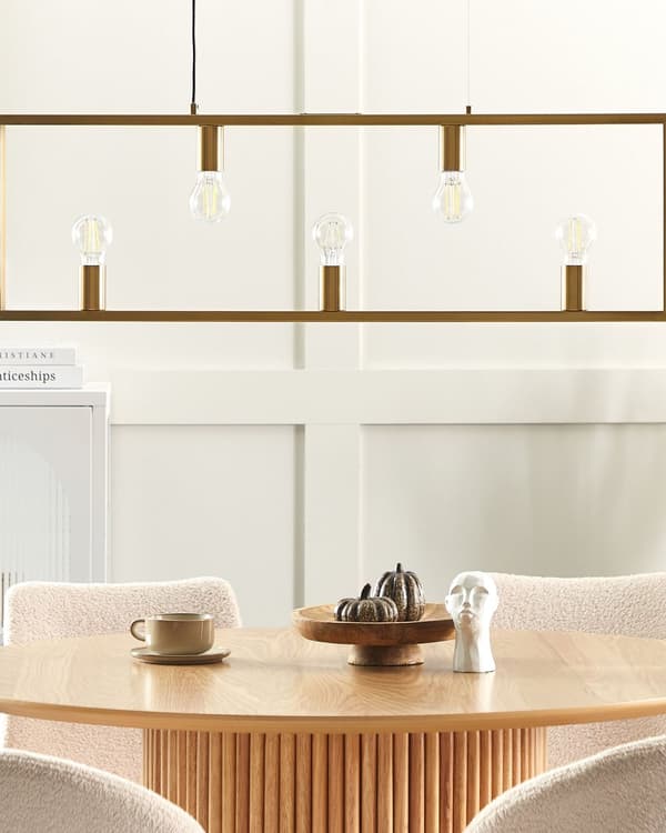 Pendellampe messing metal rektangulær ramme 5 pære glasskærme moderne glam stue spisestue