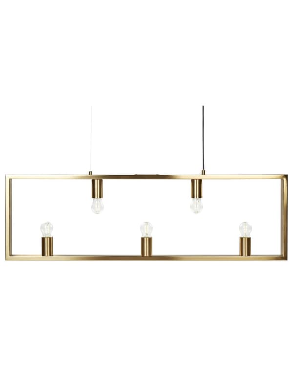 Pendellampe messing metal rektangulær ramme 5 pære glasskærme moderne glam stue spisestue