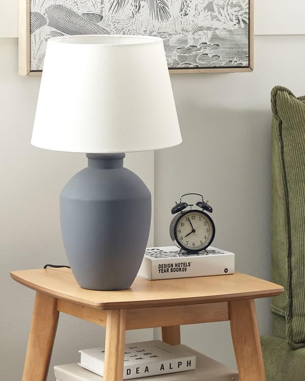 Pöytävalaisin harmaa 55 cm keraaminen pellava sylinterivarjostin hajavalo minimalistinen