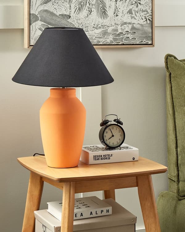Bordlampe Orange keramikfod Linnedskærm 52 cm Stoftromle Sort Sengekant Stue Soveværelse Belysning Traditionel