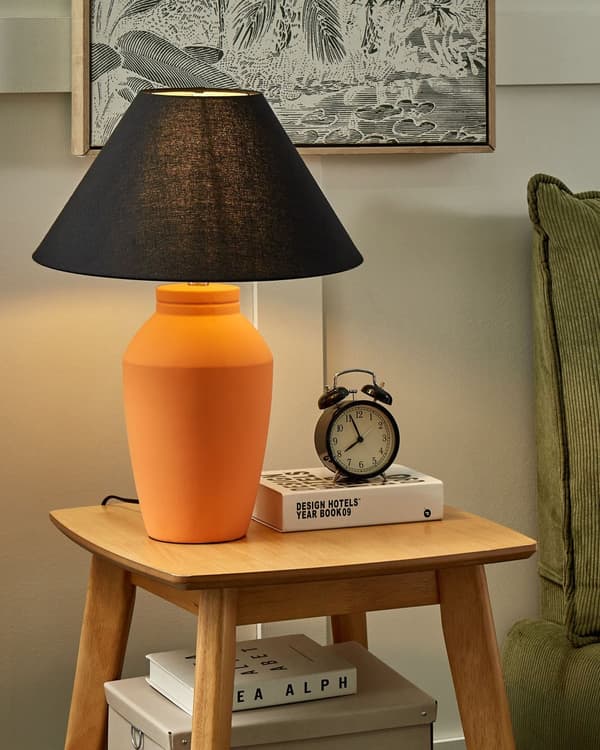 Bordlampe Orange keramikfod Linnedskærm 52 cm Stoftromle Sort Sengekant Stue Soveværelse Belysning Traditionel
