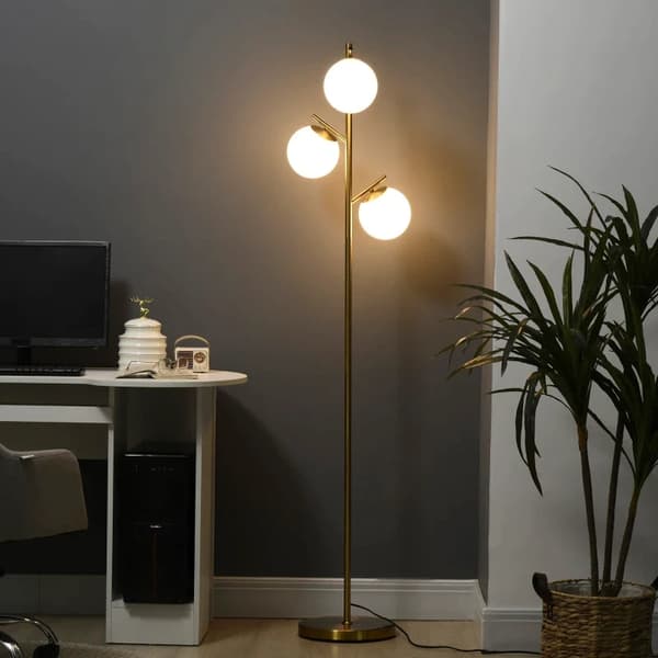 Rootz gulvlampe - Retro Design - Stabil metalsokkel - Glat stang - Langt strømkabel - 3 lampeskærme - Velegnet til LED - Jern+Glas - Guld+Hvid - Ø27 x