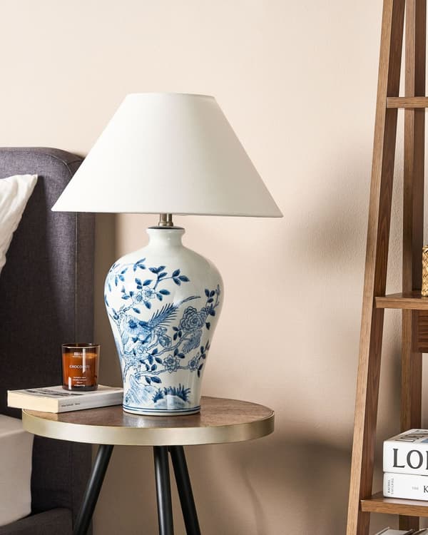 Bordlampe Blå Hvid H 45 cm Sengebordslampe med Kegleformet Lampeskærm Lampefod Tilbehør Soveværelse Lampe til Bord
