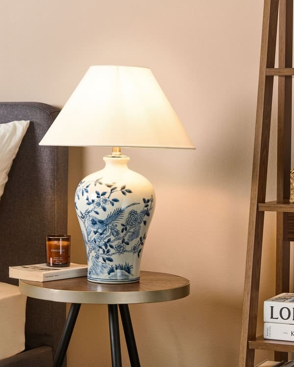 Bordlampe Blå Hvid H 45 cm Sengebordslampe med Kegleformet Lampeskærm Lampefod Tilbehør Soveværelse Lampe til Bord