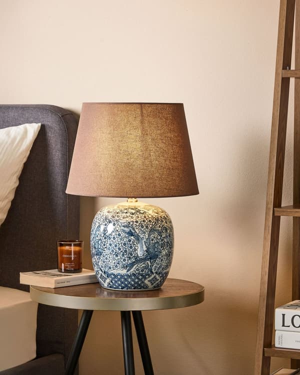 Bordlampe Hvit Blå Brun Porselen Lampeskjerm i lin 53 cm Klassisk design Belysning Dekorasjon Stue Soverom