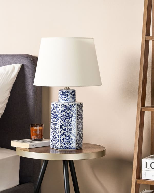 Bordlampe Hvit Blå Porselen Lampeskjerm i lin 53 cm Klassisk design Belysning Dekorasjon Stue Soverom