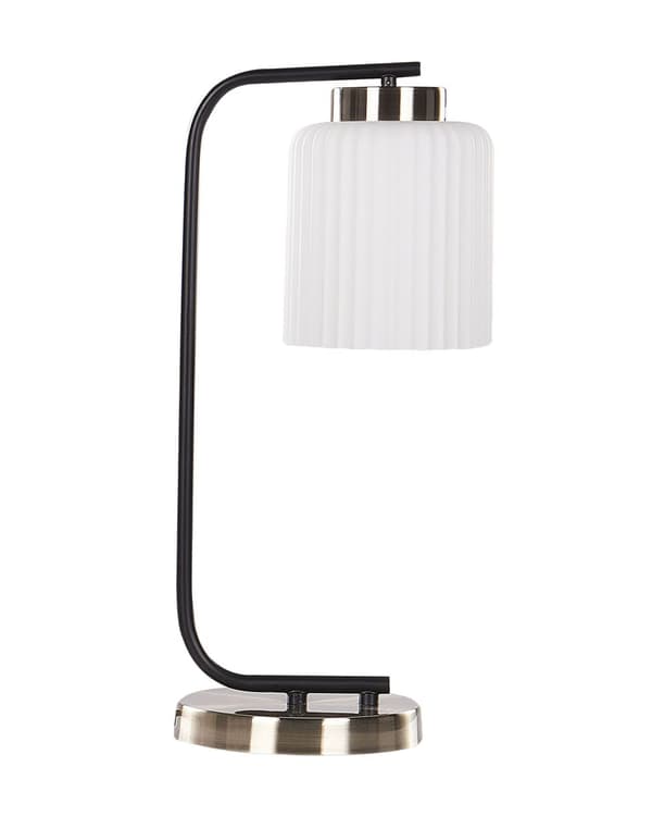 Bordlampe med hvit glasskjerm Nattbord Nattbord Svart metallarm med messingfot Moderne Industriell